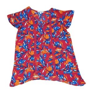 The Pioneer Womens Top Size M Applique Tunic Red Floral Lace Flutter Sleeve EUC